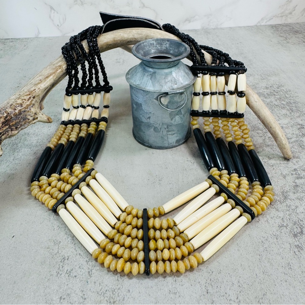 Vintage Artisan Handmade Bone, Glass and Horn Tribal Necklace 18-20 in.